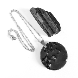 Naszyjnik czarny turmalin duże kółko na łańcuszku stal chirurgiczna Sparkles black