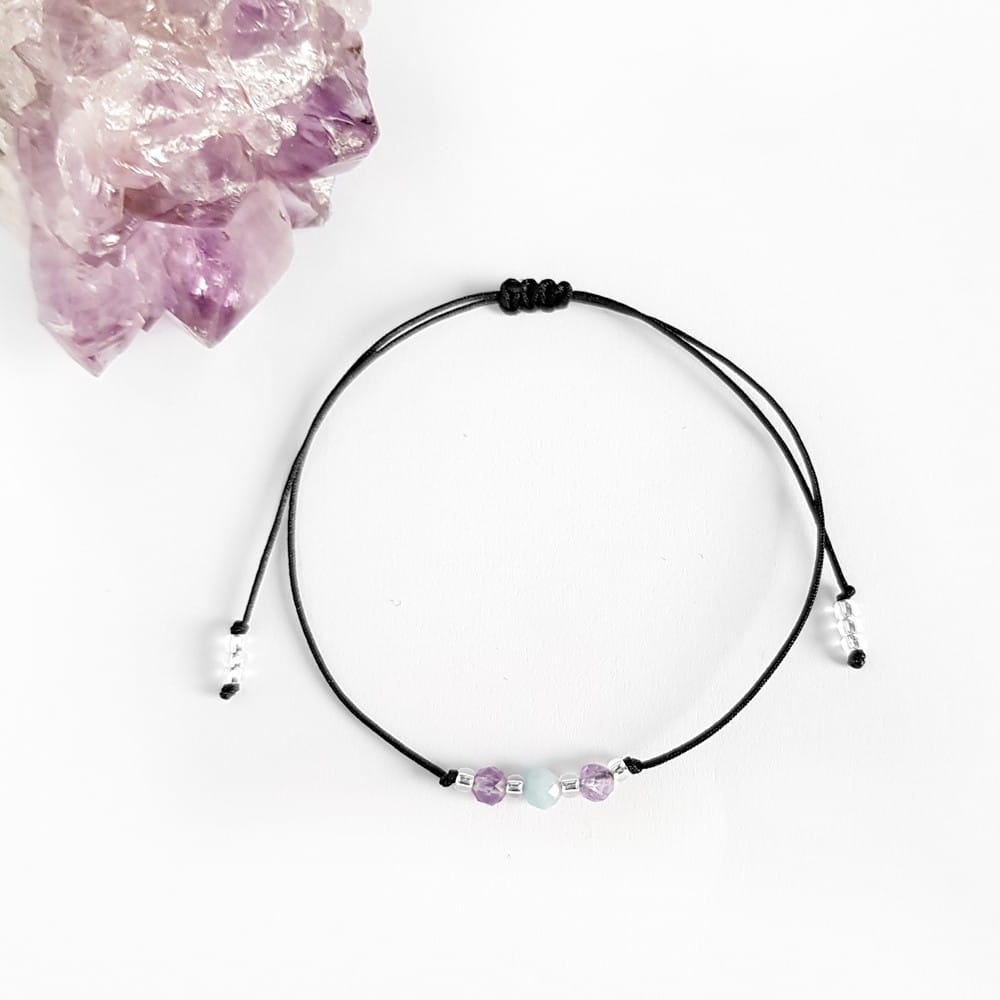 Bransoletka akwamaryn i ametyst na czarnym sznurku Lunar Menkib