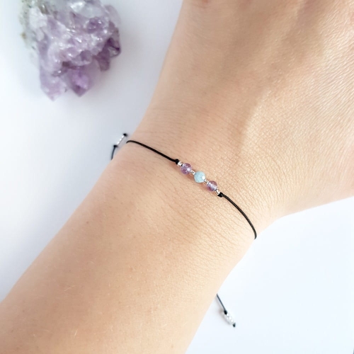 Bransoletka akwamaryn i ametyst na czarnym sznurku Lunar Menkib