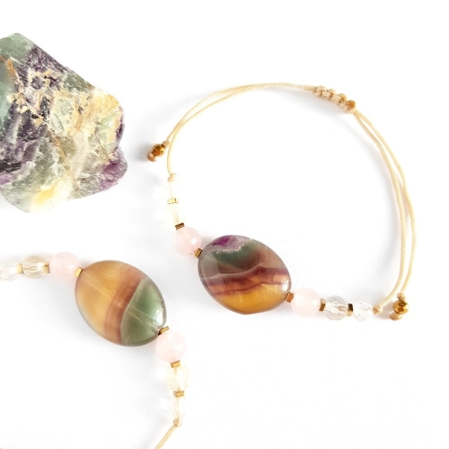 Bransoletka fluoryt, kwarc różowy, cytryn, kryształ górski i hematyt na beżowym sznurku