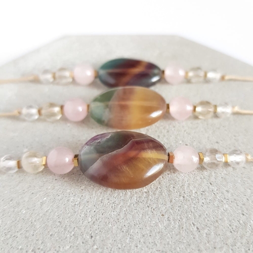 Bransoletka fluoryt, kwarc różowy, cytryn, kryształ górski i hematyt na beżowym sznurku