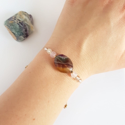 Bransoletka fluoryt, kwarc różowy, cytryn, kryształ górski i hematyt na beżowym sznurku