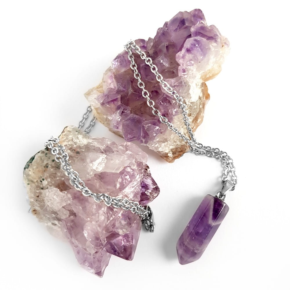 Naszyjnik ametyst sopel na srebrnym łańcuszku stal chirurgiczna