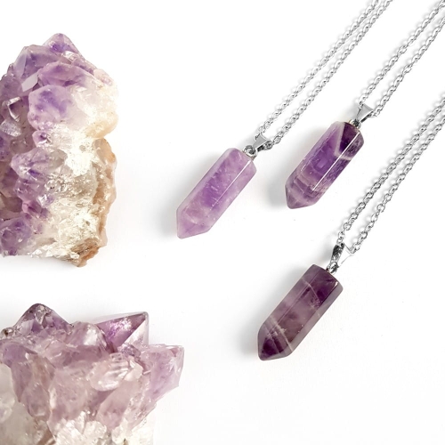 Naszyjnik ametyst sopel na srebrnym łańcuszku stal chirurgiczna
