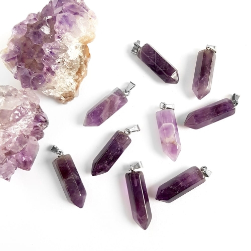 Naszyjnik ametyst sopel na srebrnym łańcuszku stal chirurgiczna