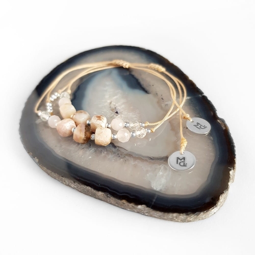 Bransoletka różowy opal, kwarc różowy, topaz i srebro p.925 na beżowym sznurku