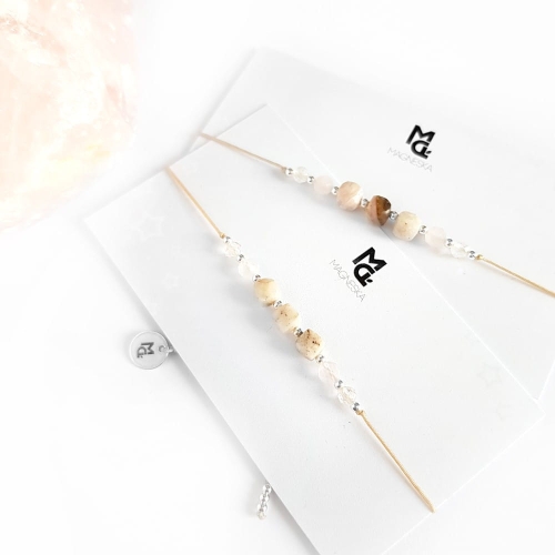 Bransoletka różowy opal, kwarc różowy, topaz i srebro p.925 na beżowym sznurku