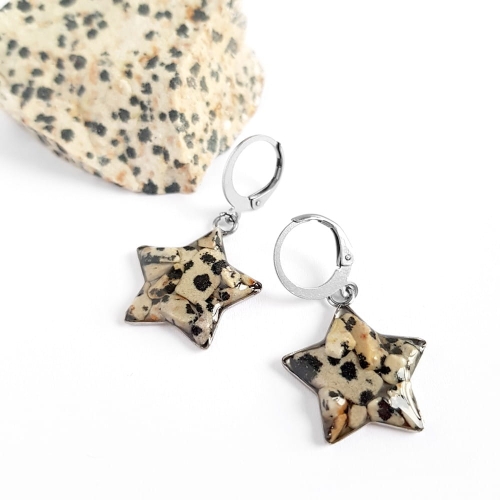 Kolczyki wiszące gwiazdki jaspis dalmatyńczyk w żywicy stal chirurgiczna Sparkles dalmatian