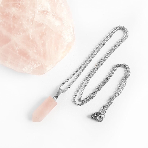 Naszyjnik kwarc różowy sopel na srebrnym łańcuszku stal chirurgiczna