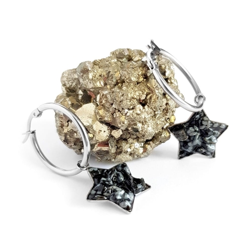 Kolczyki wiszące gwiazdki obsydian śnieżny w żywicy na kółeczkach stal chirurgiczna Sparkles snowy