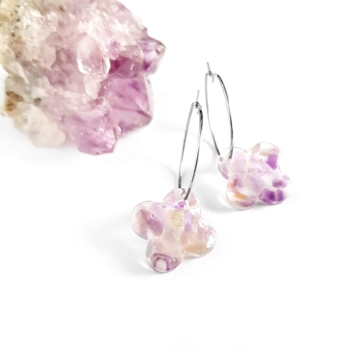 Kolczyki wiszące ametyst koniczynki marokańskie na srebrnych kółeczkach stal chirurgiczna Sparkles amethyst