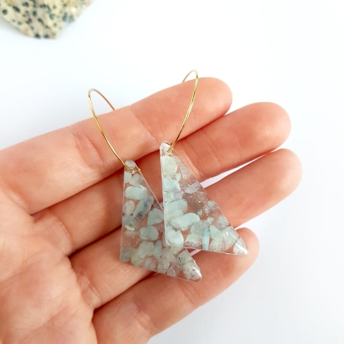 Kolczyki wiszące akwamaryn trójkąty na złotych kółeczkach stal chirurgiczna Sparkles aquamarine