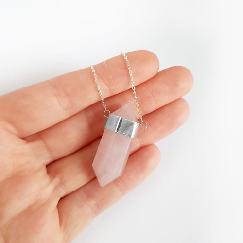Naszyjnik kwarc różowy sopel na łańcuszku srebro p.925