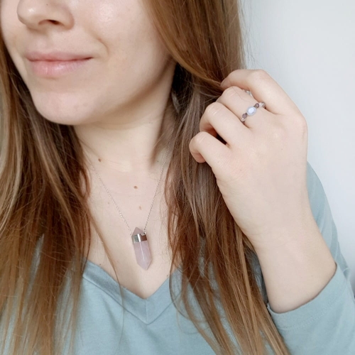 Naszyjnik kwarc różowy sopel na łańcuszku srebro p.925