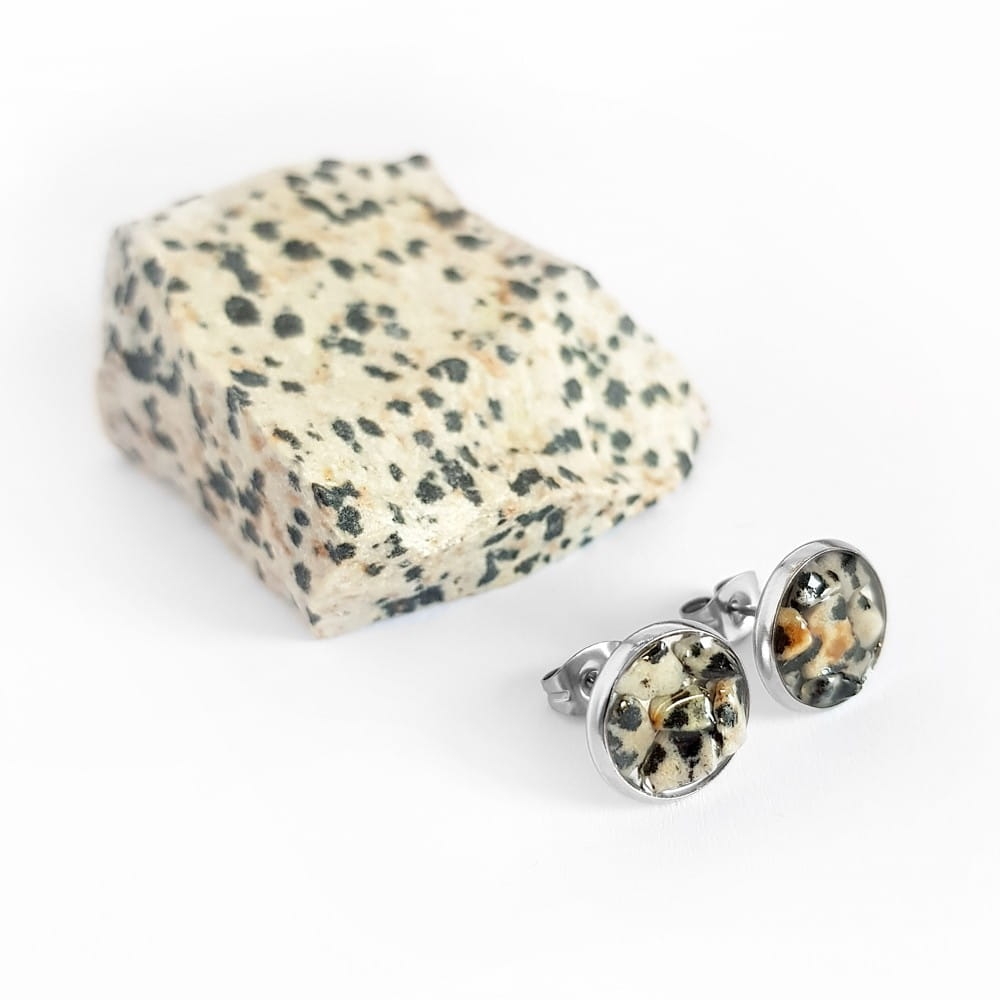Kolczyki sztyfty jaspis dalmatyńczyk w żywicy stal chirurgiczna Sparkles dalmatian