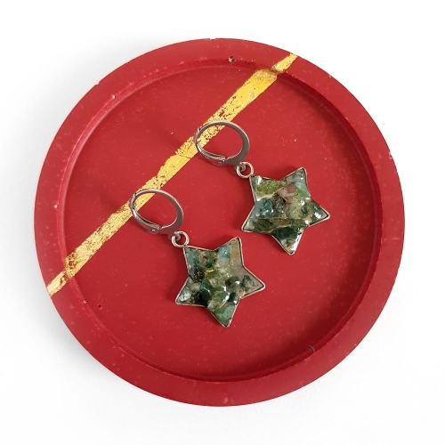 Kolczyki wiszące gwiazdki agat indyjski w żywicy stal chirurgiczna Sparkles forrest