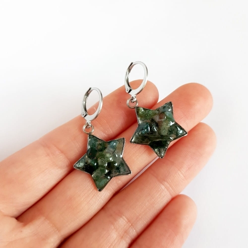 Kolczyki wiszące gwiazdki agat indyjski w żywicy stal chirurgiczna Sparkles forrest