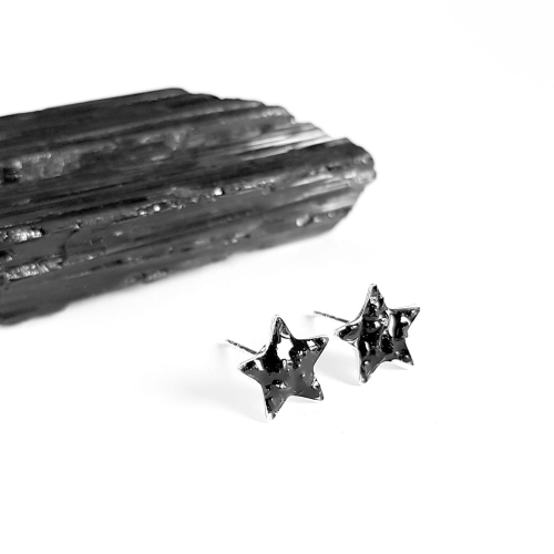 Kolczyki sztyfty gwiazdki czarny turmalin w żywicy srebro p.925 Sparkles black
