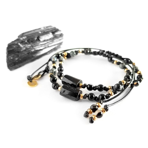 Bransoletka czarny turmalin, hematyt, agat i obsydian śnieżny na czarnym sznurku Fullness of protection