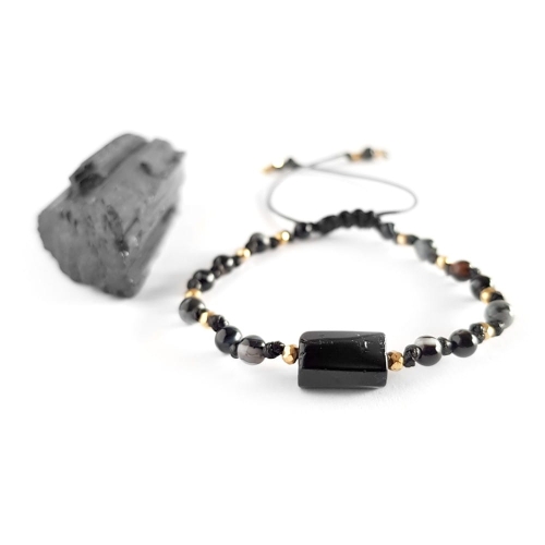 Bransoletka czarny turmalin, hematyt, agat i obsydian śnieżny na czarnym sznurku Fullness of protection